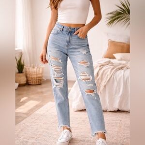 American Eagle Outfitters Sky Blue Ripped “Mom Jean” Skinny Jeans 2 Long